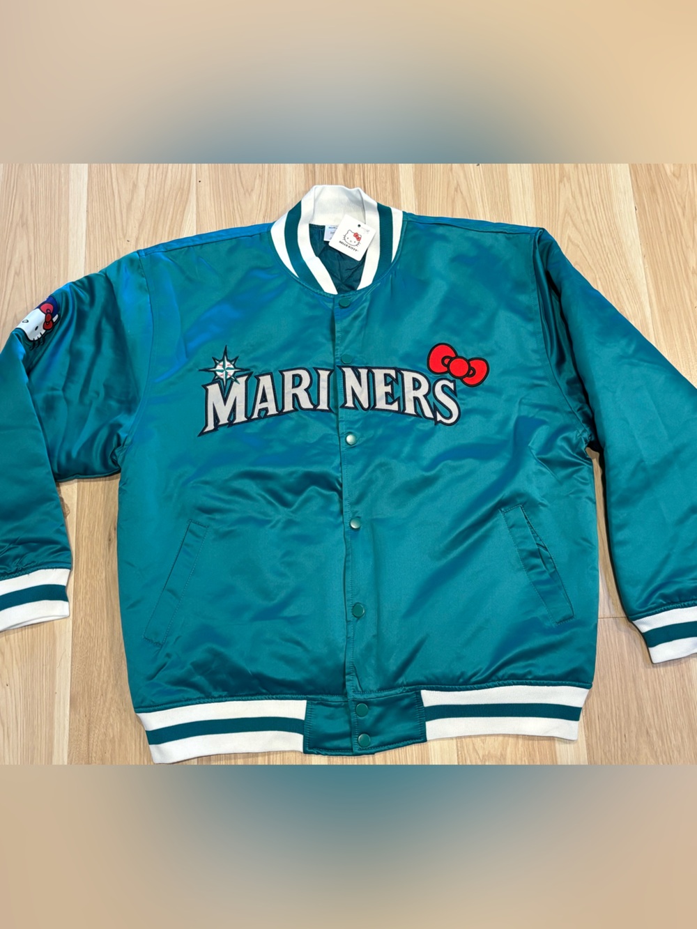 Seattle Mariners Hello Kitty Teal Satin Bomber Jacket Size MEDIUM MLB Unisex
